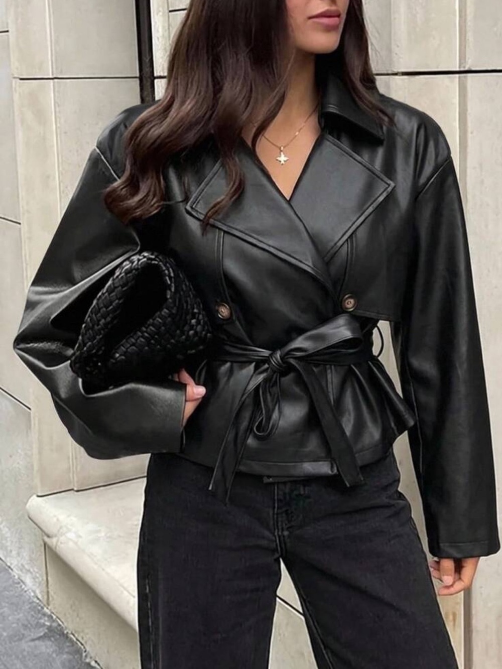 Aloruh Autumn/Winter Versatile Cinched Waist Short Trench Coat PU Leather Jacket